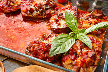 Dish of tasty baked vegetables, closeup