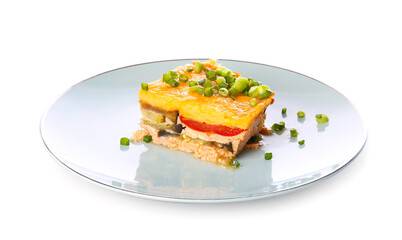 Plate of tasty baked vegetable casserole on white background
