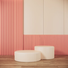Fototapeta na wymiar Modern minimal room interior design and circle podium on peach wall and white floor. 3d background