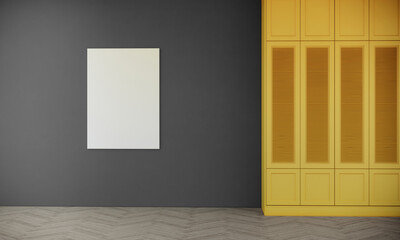 Blank picture frame mock up and yellow cabinet on gray wall. room interior design, 3d rendering