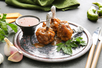 Plate with tasty chicken lollipops on dark background