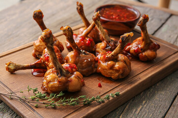 Board with tasty chicken lollipops on wooden background