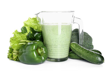 Jug of healthy smoothie with vegetables on white background