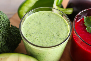 Glasses of healthy smoothie with vegetables, closeup