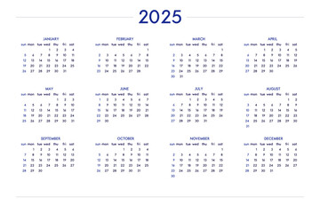 2025 calendar set in classic strict style. wall table calendar schedule, minimal restrained business design for notebook and planner. Week starts on sunday