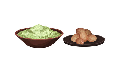 Nut Meg and Heap of Peppercorns in Bowl as Spice and Condiment Vector Set