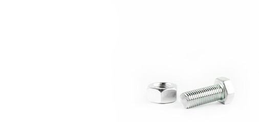Steel bolts and nuts on a white background. Thread
