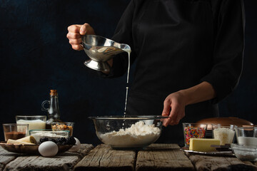 Chef preparing dough for baking Bread, focaccia, pizza or pasta Freezing in motion Cooking and recipe book Working with flour