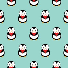 seamless pattern texture of penguin and heart on green background.