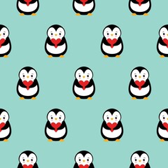 Naklejka premium seamless pattern texture of penguin and heart on green background.