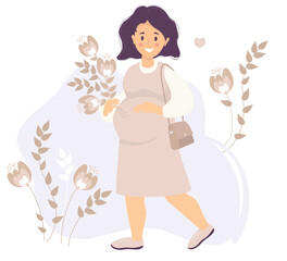 Motherhood. Happy pregnant woman in a pink dress smiling with one hand gently hugging her belly and holding a bouquet of flowers with the other. She loves. Vector. flat illustration