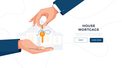 House mortgage banner. Male hand giving keys for property buying. Deal sale, mortgage loan, real estate, dealing house, property purchase concept concept for website design. Flat vector illustration