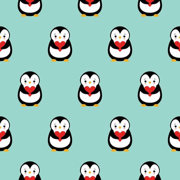seamless pattern texture of penguin and heart on green background.