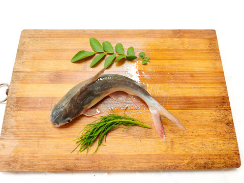Gafftopsail Cat Fish Fish decorated with herbs and vegetables .Selective Focus.