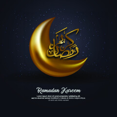 Ramadan kareem calligraphy, beautiful mosque and crescent moon, the Arabic calligraphy means (Generous Ramadan).