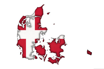 Denmark border silhouette with national flag. Contour country on geography map.