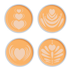 Coffee art on foam, set of pattern designs on latte in the shape of hearts and curls, top view of coffee cups