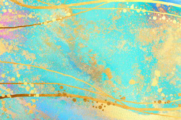art photography of abstract fluid art painting with alcohol ink, blue, turquoise and gold colors