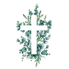 Fototapeta Watercolor illustration. Cross with leaves, eucalyptus, herbs. Baptism, easter, church, Christianity, cards, invitations  obraz