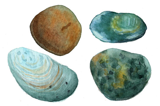 Watercolor sea stones set, postcard, blue, turquoise pebbles. Natural texture with paint splashes. Can be used for print, postcard. Hand drawn raster stock illustration in realism, traditional drawing