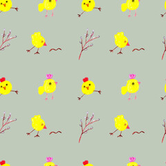 Cheerful chickens with a willow twig on a green background.