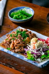 Gyudon. A very popular Japanese rice bowl, 
topped with thin slices of beef that has been simmered in soy sauce mixture