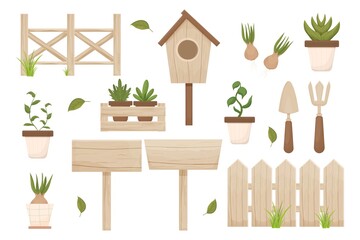 Set spring gardening wooden fence, birdhouse, flowerpot, hyacinth and wooden box isolated on white background. Textured, detailed objects decoration, beige elegant colour in cartoon style.