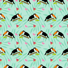 Toucan Birds with watermelon and dragon fruit Seamless Pattern