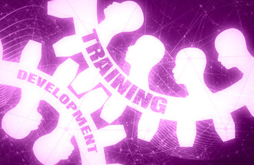 Training and Development text on the mechanism of gears. Communication Concept in Industrial Design. Modern brochure design template. Human head silhouettes