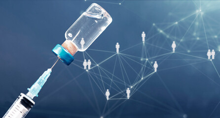 Covid-19 vaccination with vaccine bottle and syringe injection tool for coronavirus immunization treatment.