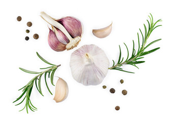 garlic with rosemary and peppercorn isolated on white background. Top view. Flat lay