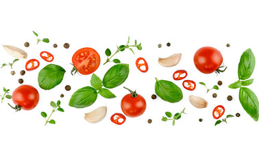 Tomato, basil, spices, chili pepper, onion, garlic. Vegan diet food, creative composition isolated on white. Fresh basil, herb, tomatoes pattern layout, cooking concept, top view. Banner