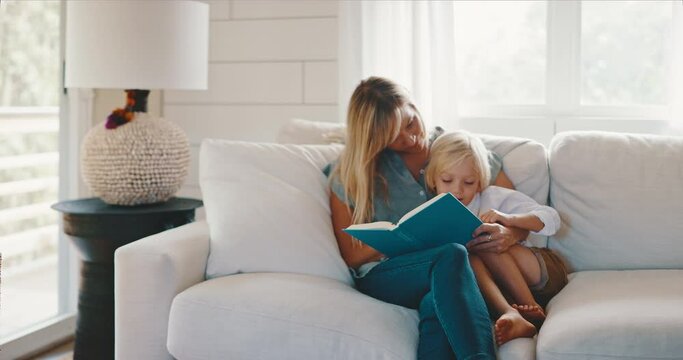 Cute mother and son enjoy reading together on the couch at home, quality time with family, learning is fun, happy family lifestyle
