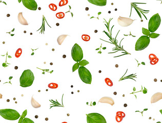 Tomato, basil, spices, chili pepper, onion, garlic. Vegan diet food, creative composition isolated on white. Fresh basil, herb, tomatoes pattern layout, cooking concept, top view. seamless pattern