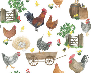 Watercolor painting chicken farm seamless pattern © ramiia