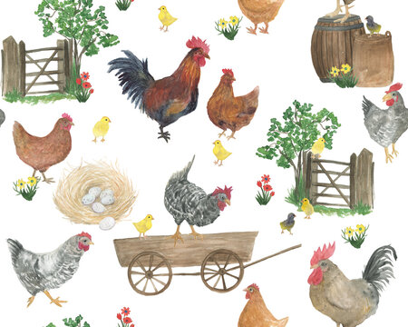 Watercolor painting chicken farm seamless pattern