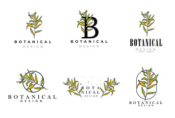 Fototapeta na wymiar Hand drawn botanical floral logo design in a minimal modern package collection