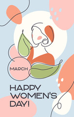 Minimalist illustration of International Women's Day. The outline of a girl in leaves with colored spots.