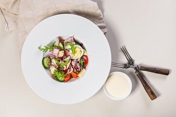 Tasty vegetable salad with egg, mozzarella and olive oil. Healthy food. Organic vegetables: Peking cabbage, cucumber, red onions, tomatoes, and arugula. Mediterranean diet. Copy space