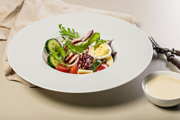 Delicious homemade vegetable salad with egg, mozzarella and olive oil on a white plate. Healthy food. Organic vegetables: purple cabbage, cucumber, red onion, tomatoes and arugula. Mediterranean diet.
