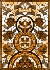 Illustration in stained glass style with abstract flowers, swirls and leaves  on a light background,vertical orientation, tone brown, vertical image
