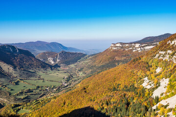 Naklejka premium French countryside. Pas de l'Aubasse: View of the heights of the Vercors, the marly hills and the valley Val de Drome