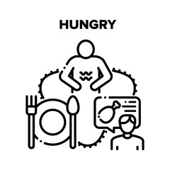 Hungry Human Vector Icon Concept. Hungry Man With Empty Stomach Think About Food, And Person Ordering Meal In Restaurant. Plate And Utensil For Eating Tasty Dish Black Illustration