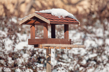homemade wooden birdhouse, bird feeder installed on winter garden