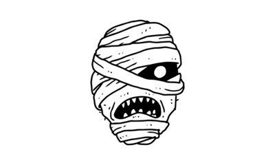 scary angry mummy head isolated on white background. outlined cartoon drawing of creepy, gothic, death icon for tattoo, poster, halloween theme, etc.