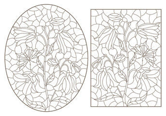 Set of contour illustrations with flowers, bells and butterflies, dark outlines on a white background