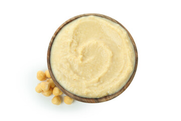 Bowl of hummus and chickpeas isolated on white background