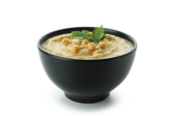 Bowl of fresh hummus isolated on white background