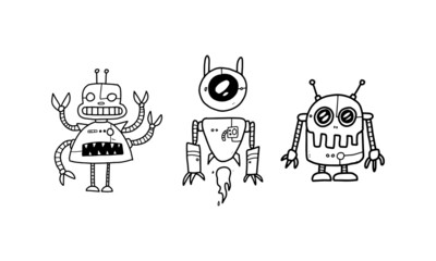 funny futuristic robots cartoon set isolated on white background. cute colorless robot illustration hand drawn in vector design.