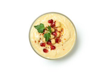 Bowl of fresh hummus isolated on white background